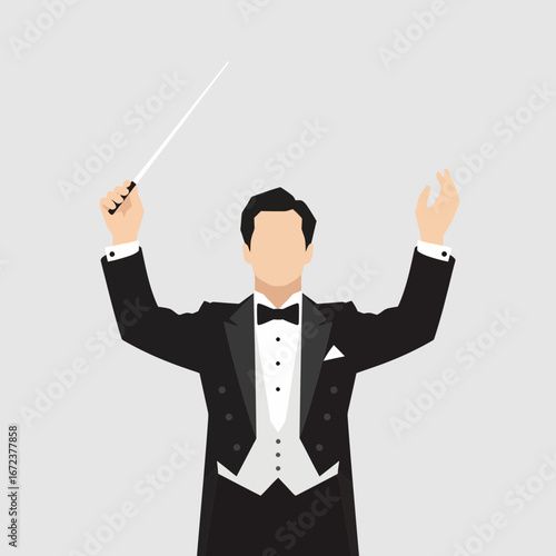 Man in tuxedo conducting with a baton.