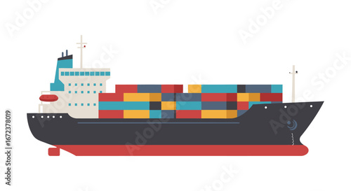 A large cargo ship with colorful shipping containers on deck and in hold