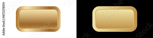 Two shiny gold rectangle buttons with rounded edges, each displayed on contrasting light and dark colors.