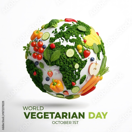 Fototapeta Naklejka Na Ścianę i Meble -  Planet earth covered in fresh fruits and vegetables for world vegetarian day