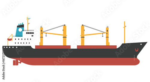a large cargo ship with cranes on deck and a white background