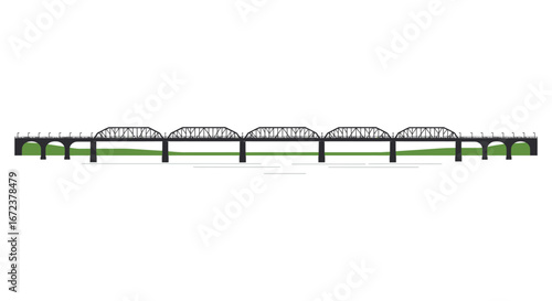A long bridge with multiple arches and green landscape illustration