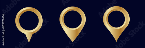 Three golden location symbols in a row, featuring smooth, rounded designs and a shiny finish.