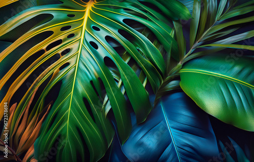 Tropical Monstera and Exotic Leaves Abstract Background