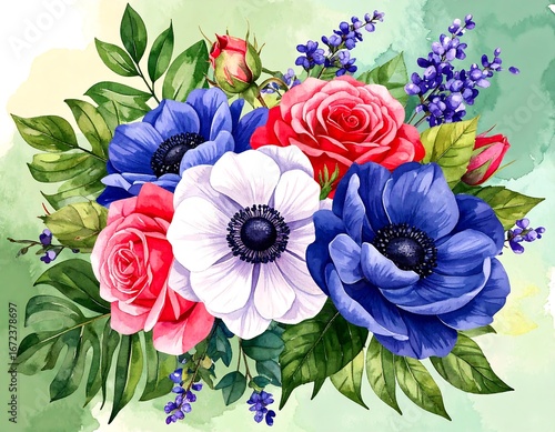 A vibrant arrangement of colorful anemones and roses, accented by sprigs of lavender, displays a lovely watercolor-style artistic portrayal.