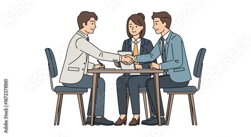 Business professionals finalize an important agreement with a firm handshake at a meeting table, symbolizing successful partnership and collaborative achievement.
