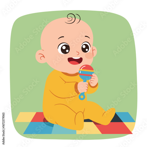 Baby Plays Rattle on Blanket
