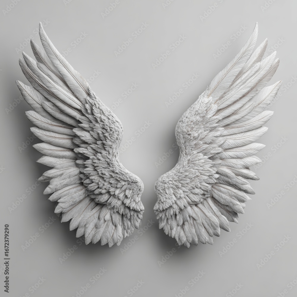 Fototapeta premium A pair of intricately sculpted angel wings, spread gracefully. The wings are a textured, capturing light and shadow