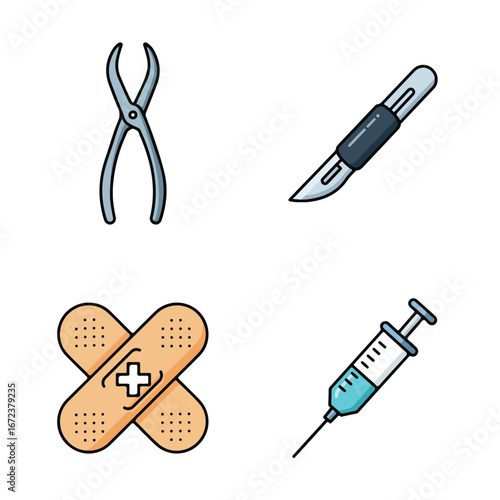 Displaying Medical Tools Surgery, Injection, Bandages, and Forceps on White