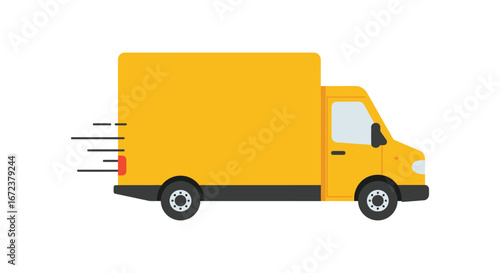 Yellow delivery truck moving quickly with motion lines behind it