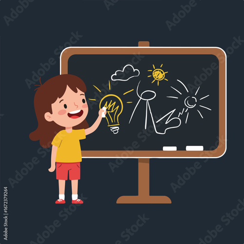 Child is Drawing Ideas on Blackboard, learning creativity in classroom