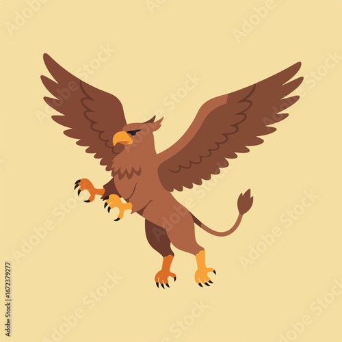 Griffin flying, claws extended, mythical sky beast above tan background