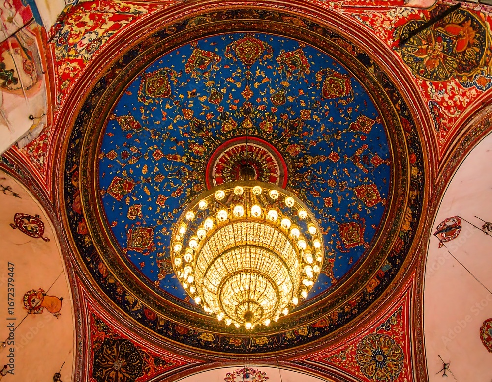 Obraz premium Ornate ceiling with vibrant colors and a stunning chandelier.
