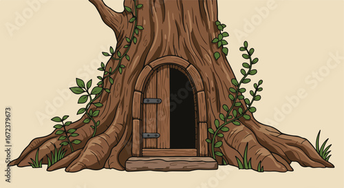 Entrance to Fairytale Home Inside Big Tree with Vines and Grass