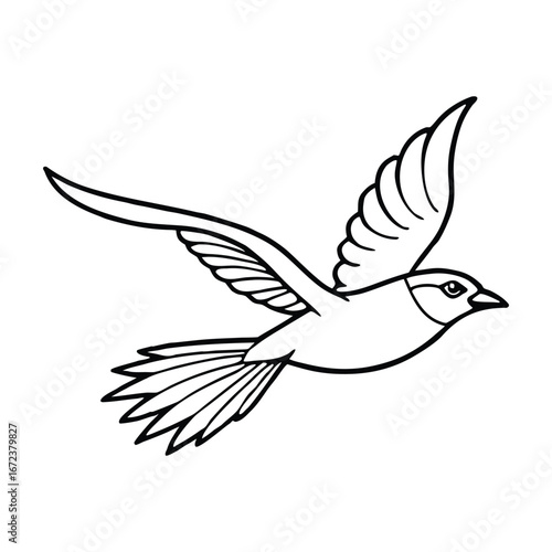 Silhouette of a bird flying with wings spread isolated on a white background