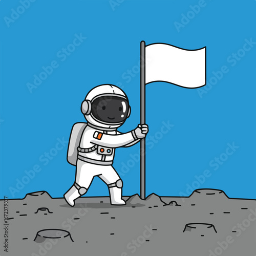 Astronaut Planting Flag on the Moon Surface in Space (Cartoon Vector)