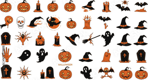 Halloween, Icon, Sammlung, vector, schwarz, orange
