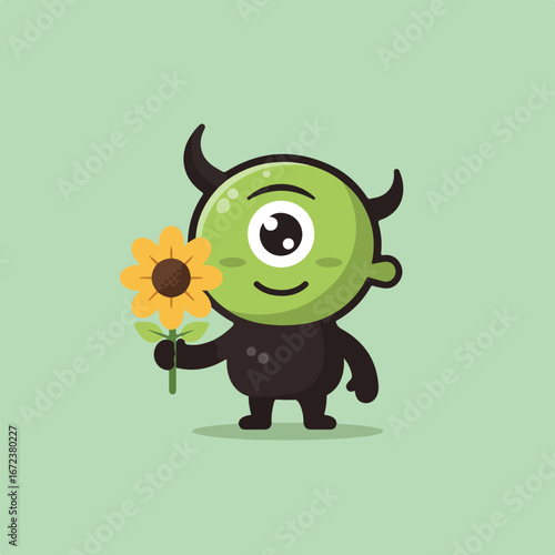 Cartoon Monster Holding Flower on Solid Background