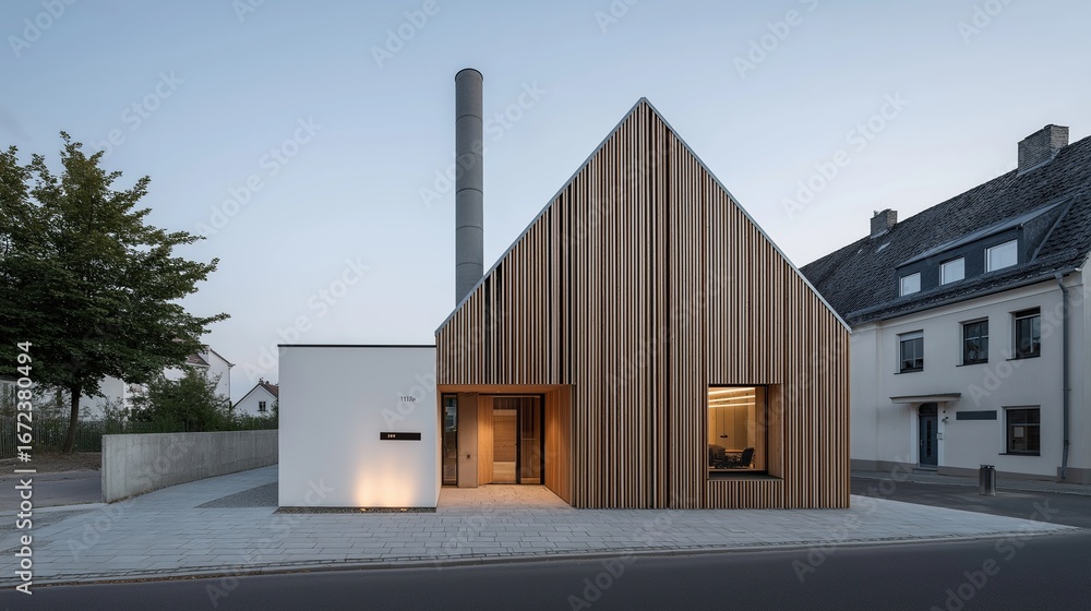 Fototapeta premium Contemporary house exterior with wood panel facade and large window