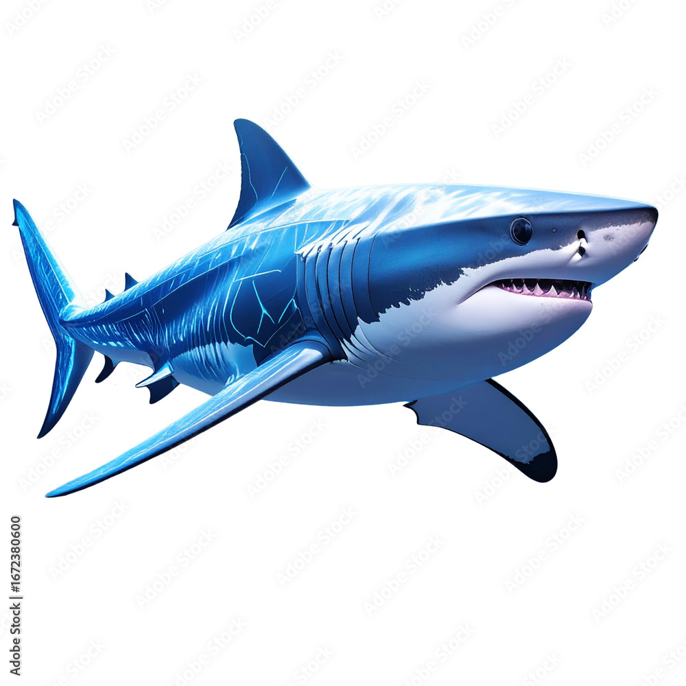 Naklejka premium Futuristic 3D Render of Shark with Glowing Neon Fins Swimming in Digital Ocean