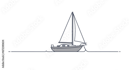 Sailboat floating on water in Minimalist Illustration, isolated, on white