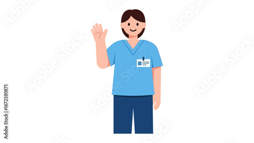 Friendly Gesture: A medical professional waves in greeting, embodying the warmth and care associated with healthcare. Their welcoming demeanor reflects a commitment to patient support and wellbeing.