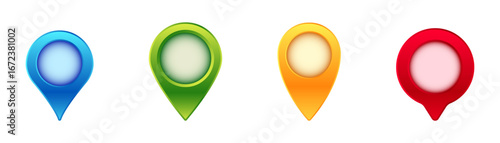 Four colorful location pins in blue, green, yellow, and red. each pin has a circular center.