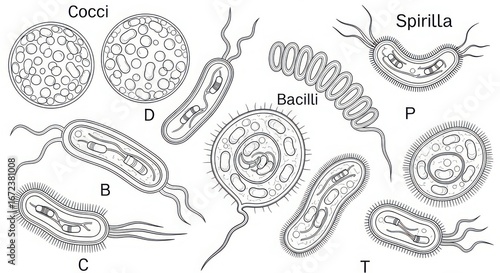 Detailed hand-drawn scientific depictions of various bacterial shapes and cellular structures including cocci bacilli and spirilla ideal for biological study