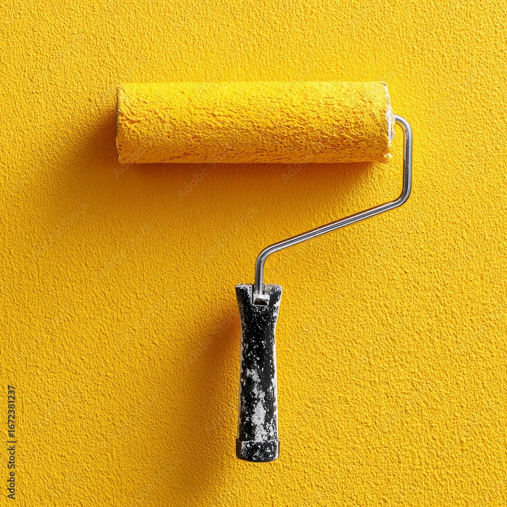 Obraz premium A paint roller, covered in yellow paint, applying color to a textured wall, offering a close-up view. The image highlights the painting process and home improvement