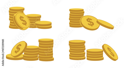 Golden coins stacked in various configurations on a white background