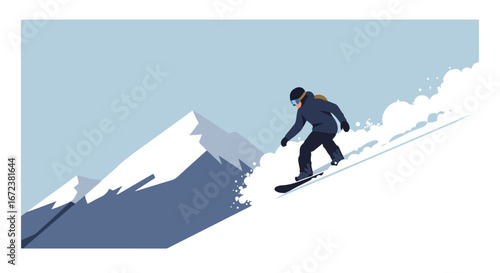 Snowboarder Riding Downhill on Snowy Mountain Slope on a Sunny Day
