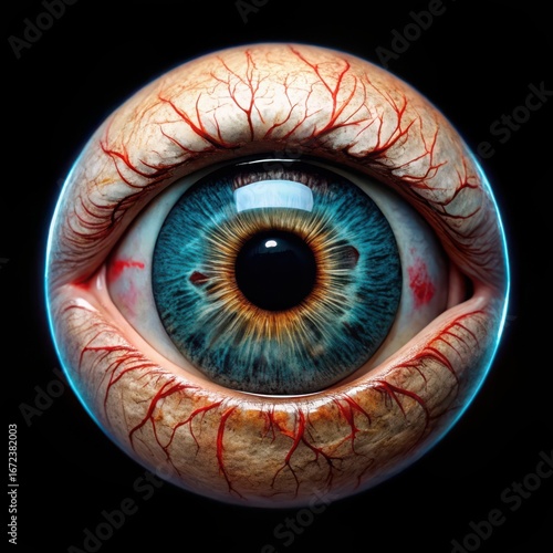 Closeup extreme macro shot of a human eyeball with a bright blue iris and detailed pupil, showing bloodshot veins and a creepy, unsettling stare