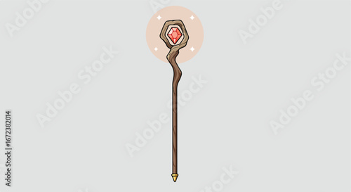 Magic Staff with Gem Emitting Stars Against Gray Background