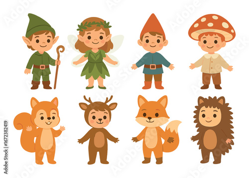 Enchanting forest characters with elves and animals