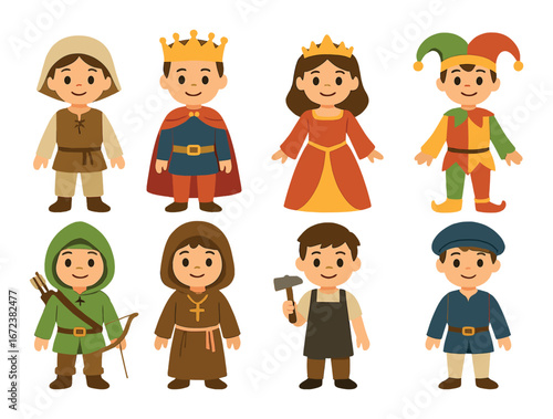 Medieval cartoon characters in traditional attire: knight, king, queen, jester, and more
