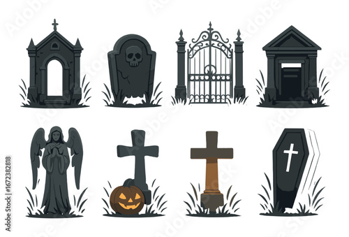 Spooky graveyard icons with tombstones, crosses, and jack-o'-lantern for halloween theme