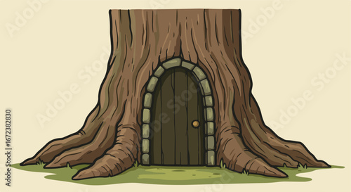 Tree Holds Secret Door in Forest (Fantasy Entrance, Cartoon Art)