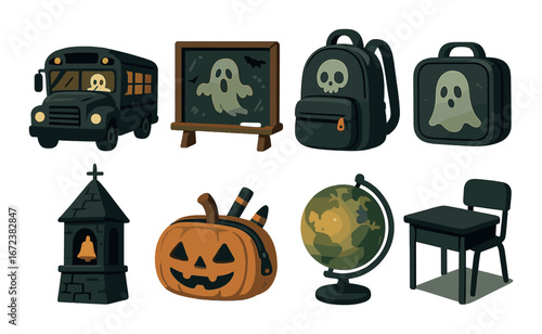Haunted school-themed objects featuring ghostly bus, pumpkin backpack, and halloween decorations