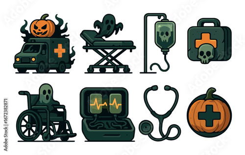 Halloween-themed medical icons: ambulance, iv drip, stethoscope, pumpkins, ghosts