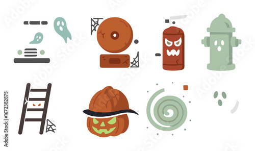 Glowing halloween symbols with pumpkins, ghosts, and spirals in dark theme