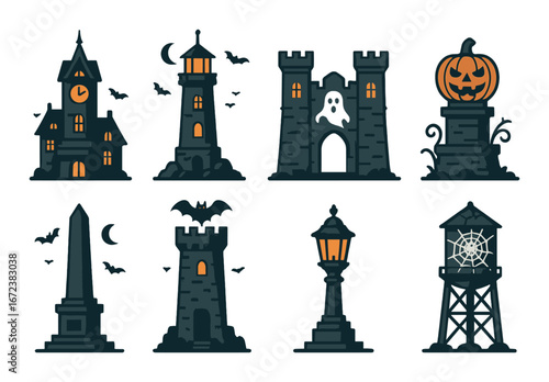 Spooky halloween shadows: haunted house, creepy castle, jack-o'-lantern, ghostly tower, eerie lighthouse
