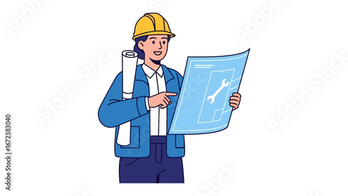 Architect at Work: An architect, donned in a yellow hard hat, meticulously reviews blueprints, embodying the dedication and vision inherent in the architectural profession.