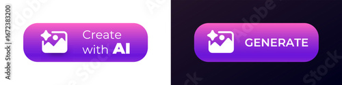 Two purple buttons display ai text with an icon. one button has a white background, the other dark.