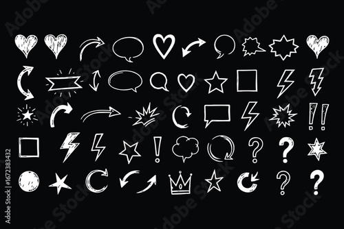 A collection of hand drawn white icons and symbols on a black background featuring hearts arrows stars and lightning bolts