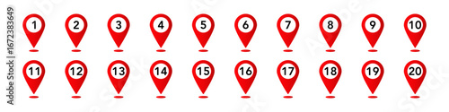 Twenty red map pins, numbered one through twenty, feature white circles with black numerals inside.