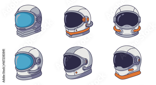 Six different astronaut helmets in various styles and colors shown from multiple angles