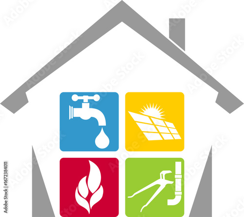 Haus, Wasserhahn, Flamme, Solar, Rohrzange, Klempner, Installateur, Logo, Hintergrund	
