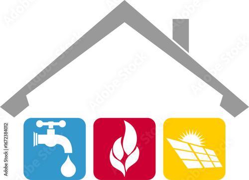 Haus, Wasserhahn, Flamme, Solar, Klempner und Installateur, Logo, Hintergrund