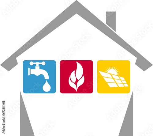 Haus, Wasserhahn, Flamme, Solar, Klempner und Installateur, Logo, Hintergrund