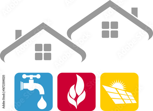 Zwei Häuser, Wasserhahn, Flamme, Solar, Klempner, Installateur, Logo, Hintergrund